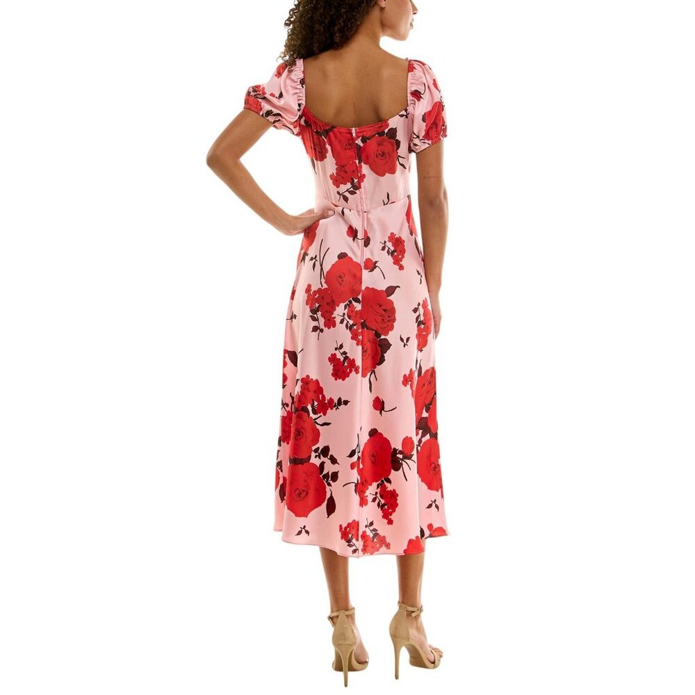 NWT B. Darlin Floral Print Satin Puff Sleeve Midi Dress Pink / Red Multi 5 / 6 - Picture 2 of 11